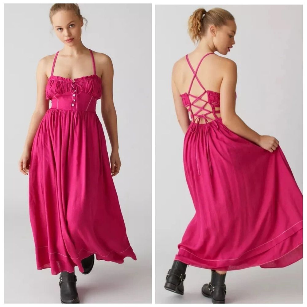 Urban Outfitters Cora Linen Open Back Midi Dress with Pockets in Pink | Large